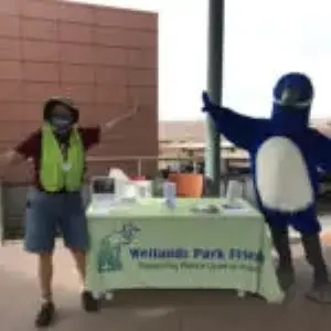 Two people standing next to a table with a penguin mascot.