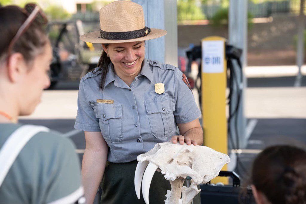 Park ranger shows a large animal skull.