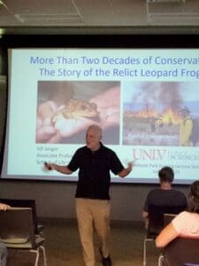 Man presenting on Relict Leopard Frog conservation.